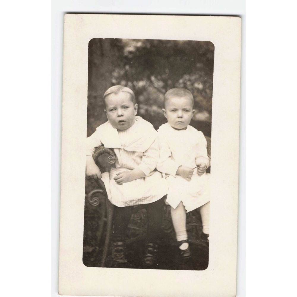 RPPC c1910 Two Young Children Wicker Chair Real Photo Postcard AZO Antique